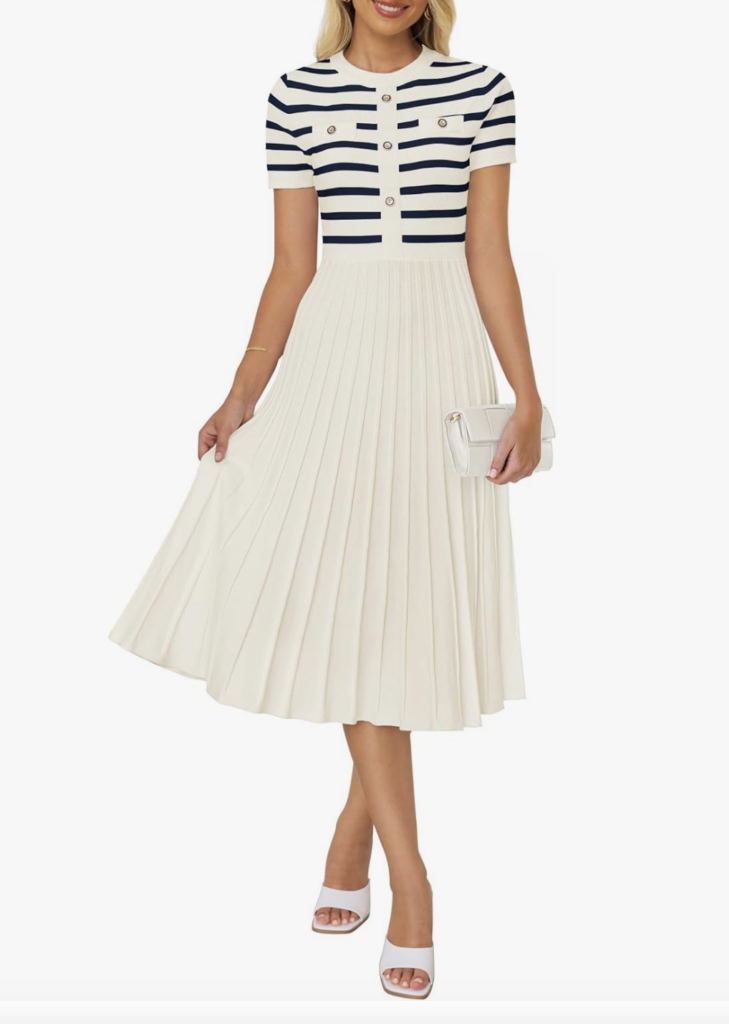 French girl style dress with black stripes and cream and gold buttons